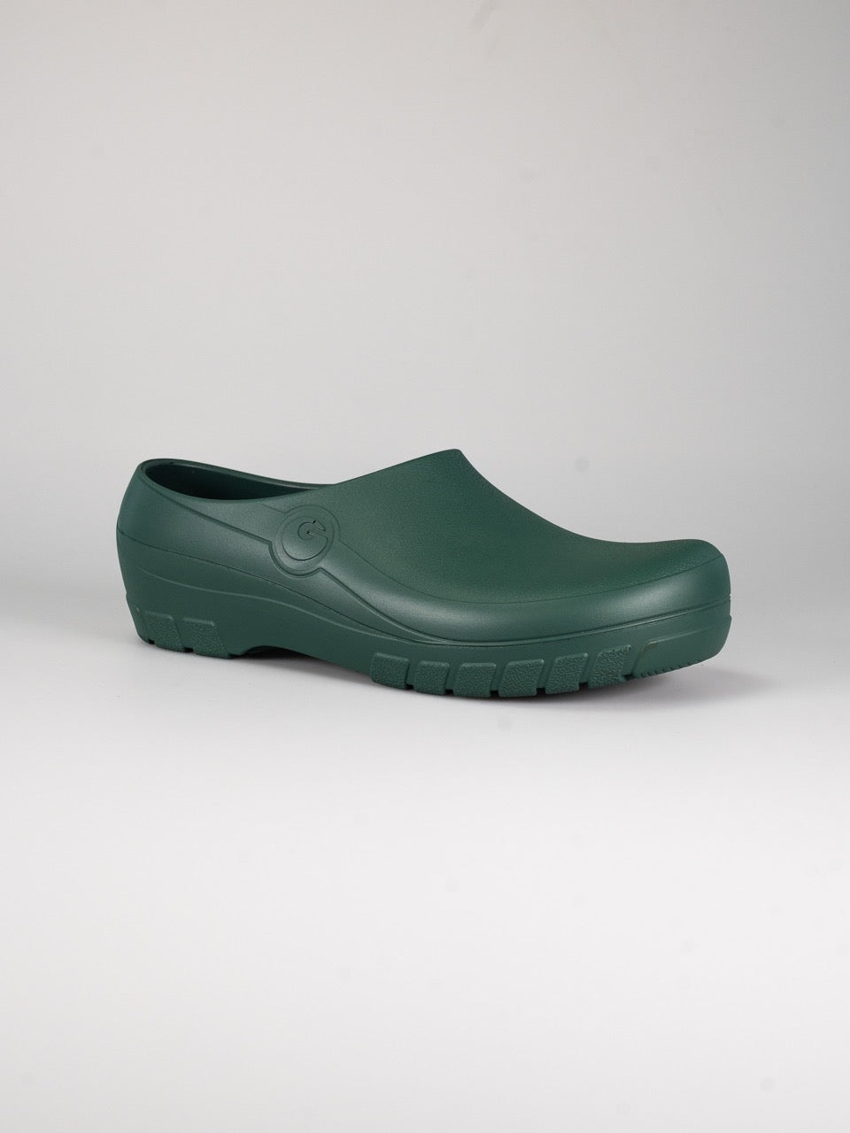 Rocker Gardy Cork Green, groene tuinklomp, schuin aanzicht
