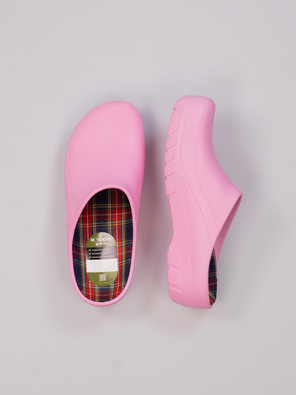 Roze Rocker Gardy Cork Pink tuinklompen van bovenaf en van opzij, met open hiel